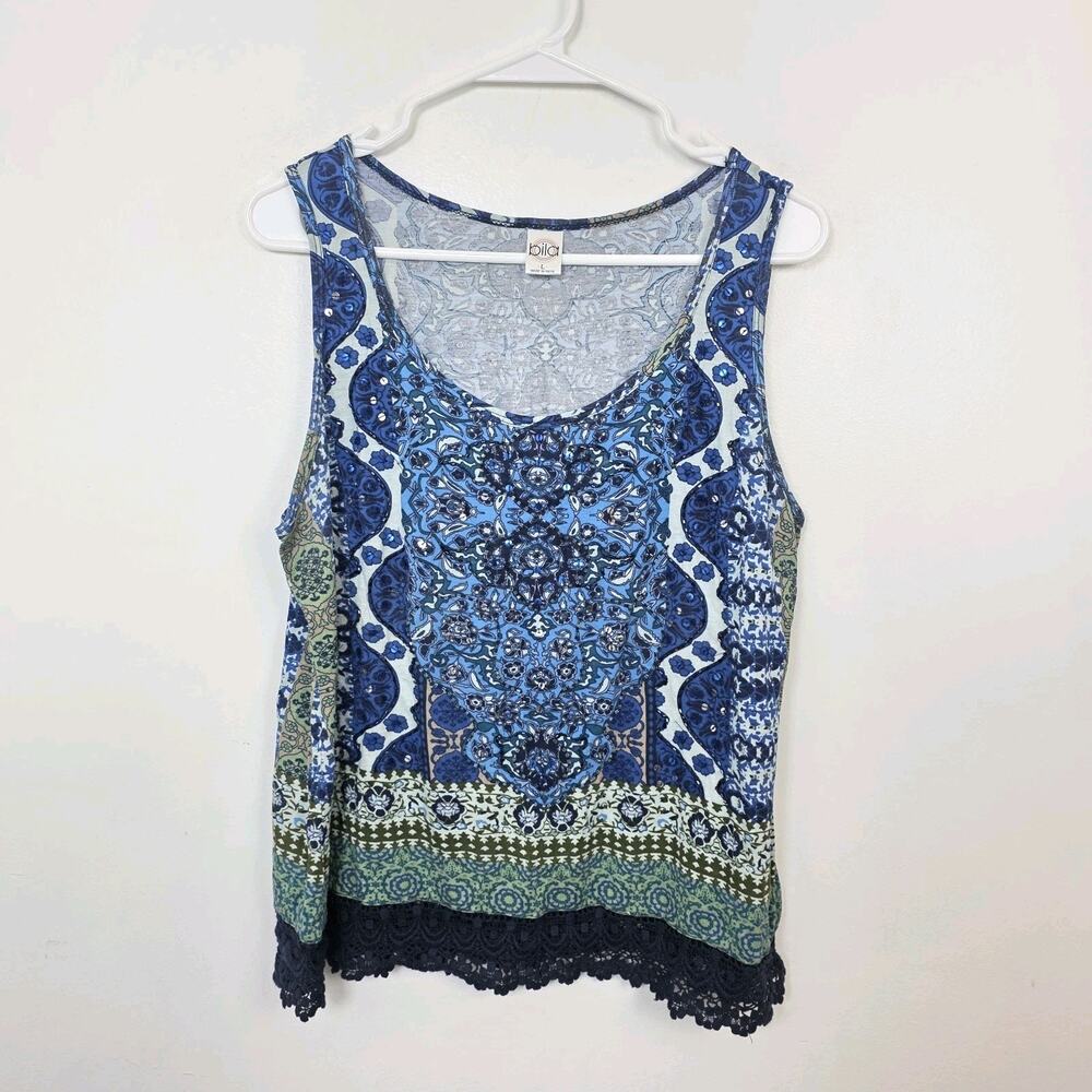 Bila Blue White Floral‎ Geometric Festival Sequin Lace Trim Tank Size Large